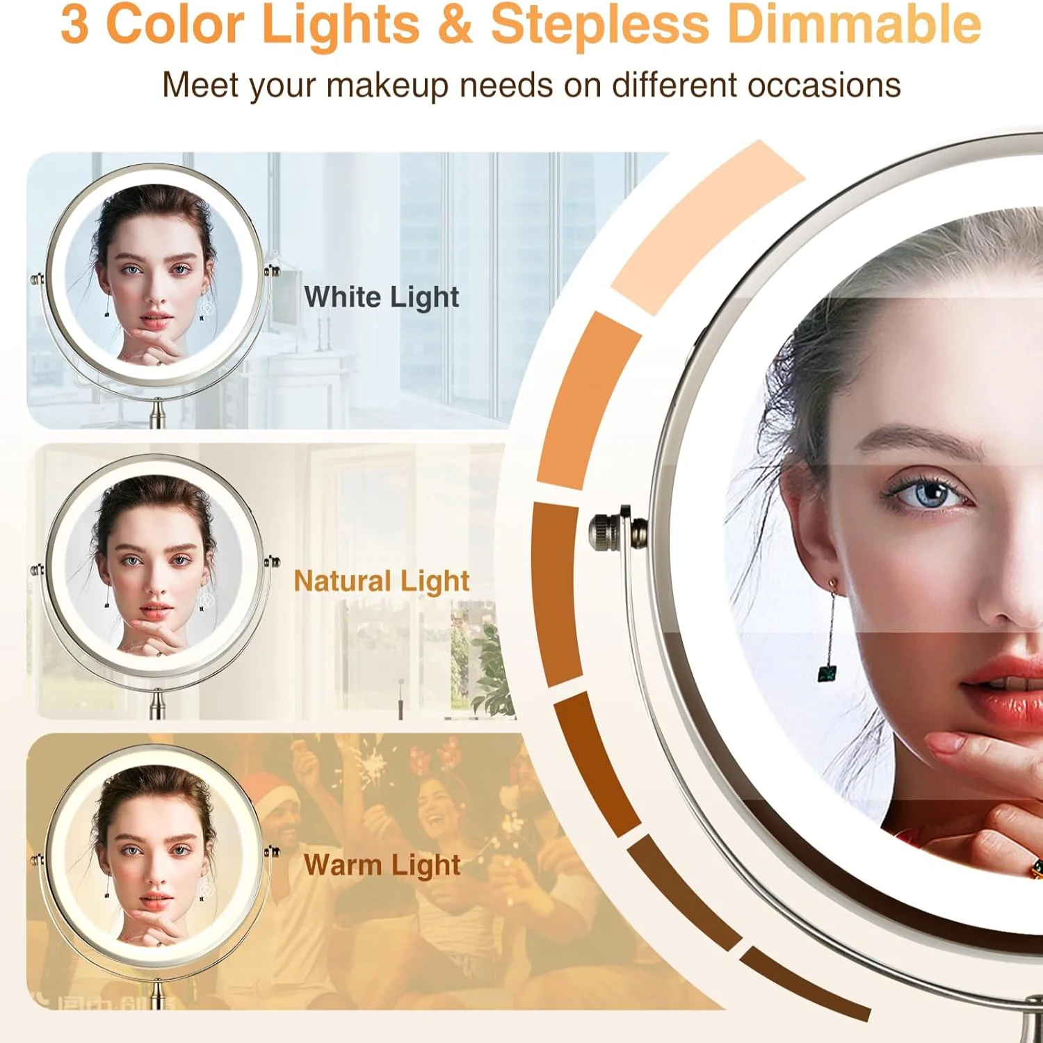 Miroir de maquillage monté avec lumières et grossissement, miroir de salle de bain double touche 8,5 pouces 2 faces 1X/10X, écran tactile 3 mod d'éclairage