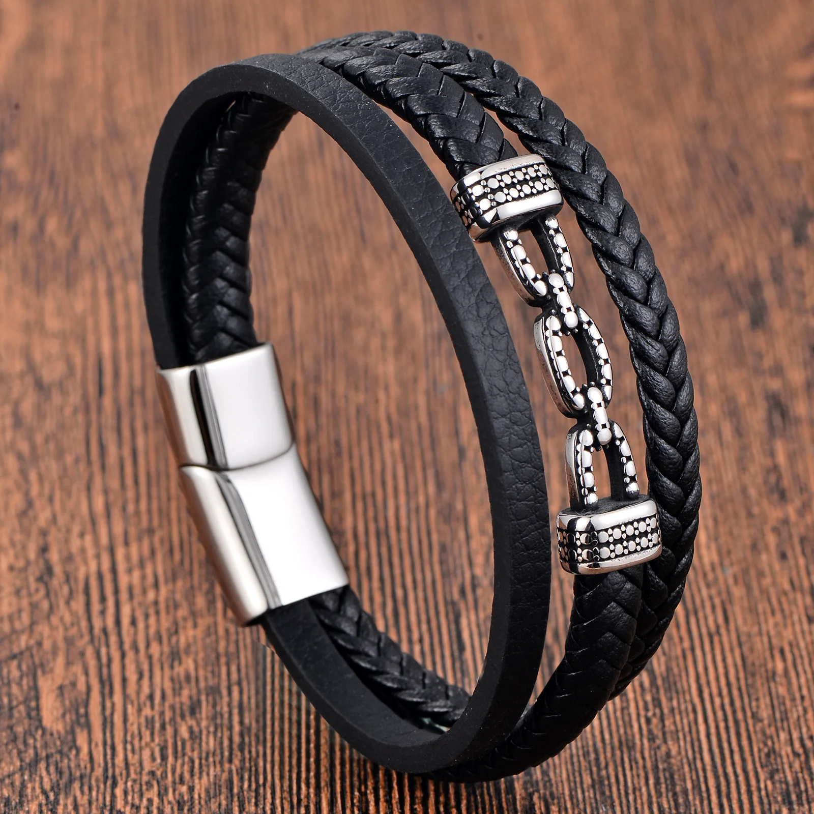 

Trendy Leather Bracelets for Men Stainless Steel Bracelet 21Cm Multilayer Braided Rope Bracelets for Male Jewelry Gifts