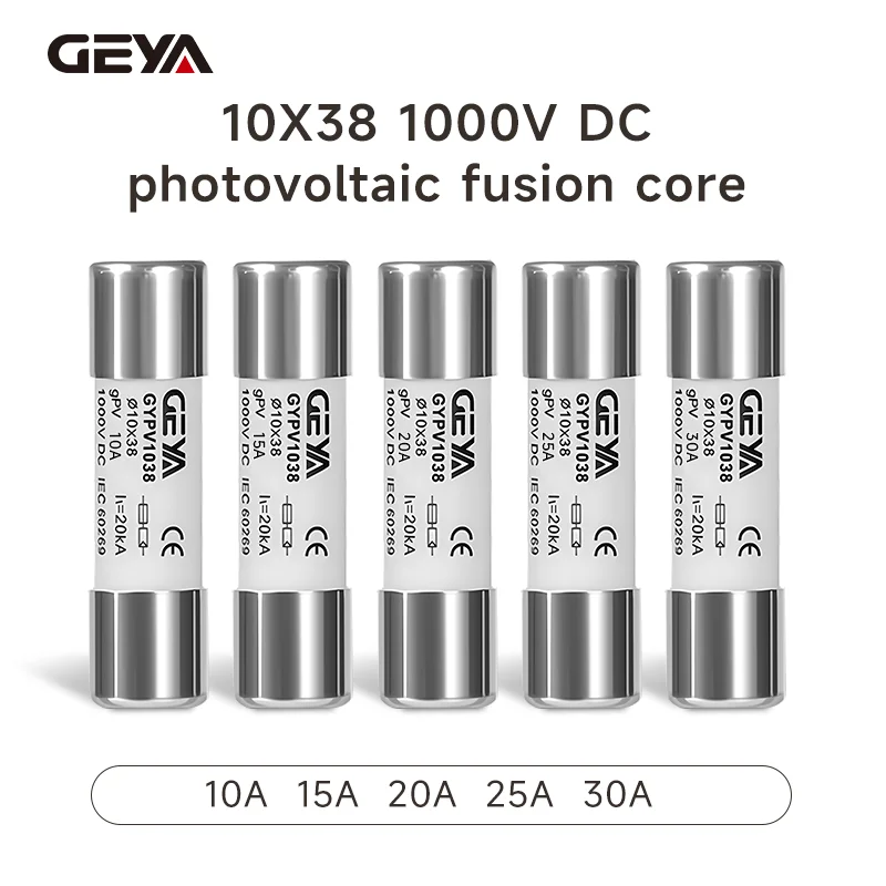 GEYA 10PCS Solar DC 1000V PV Fuses 10A 20A 25A 30A High Voltage for Solar System Short Circuit Protection GPV Panels 10x38mm