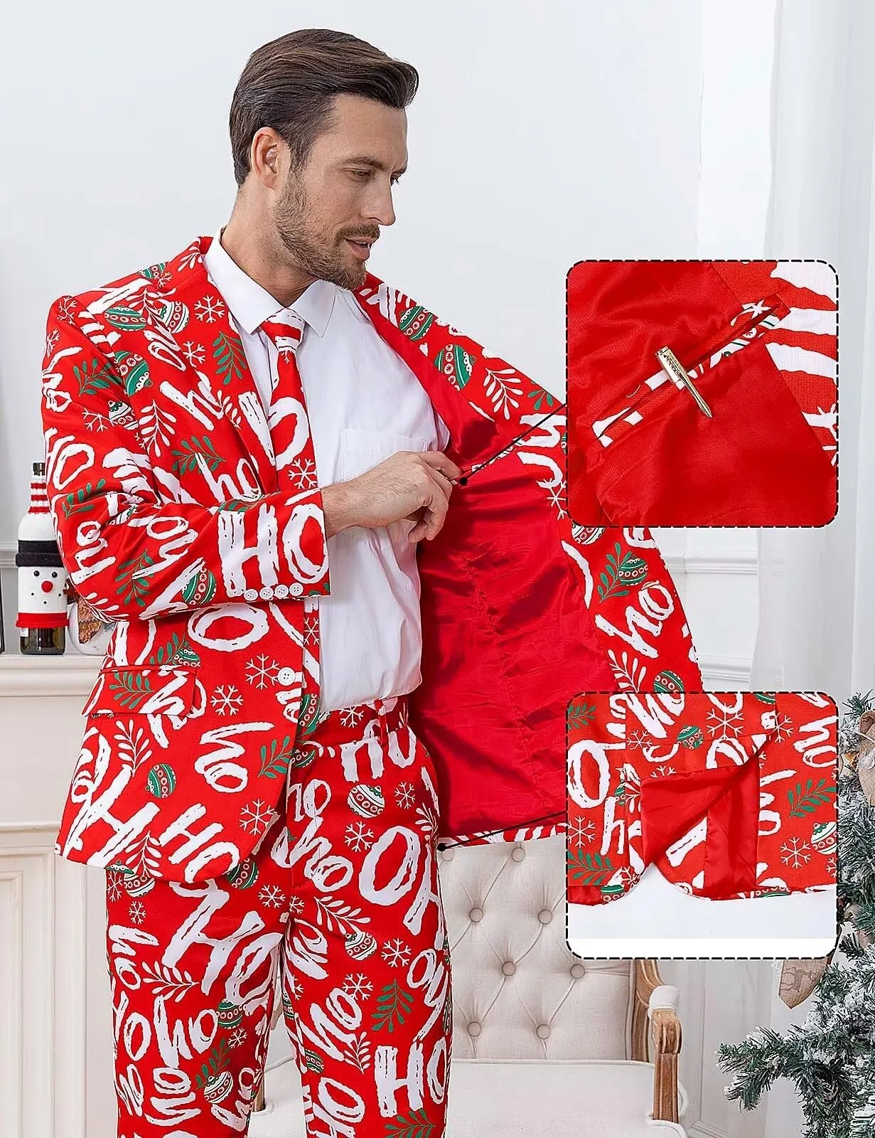 Men Christmas Suits Xmas Suit Christmas Blazer Party Performance Costume Adults Jacket Pants with Tie