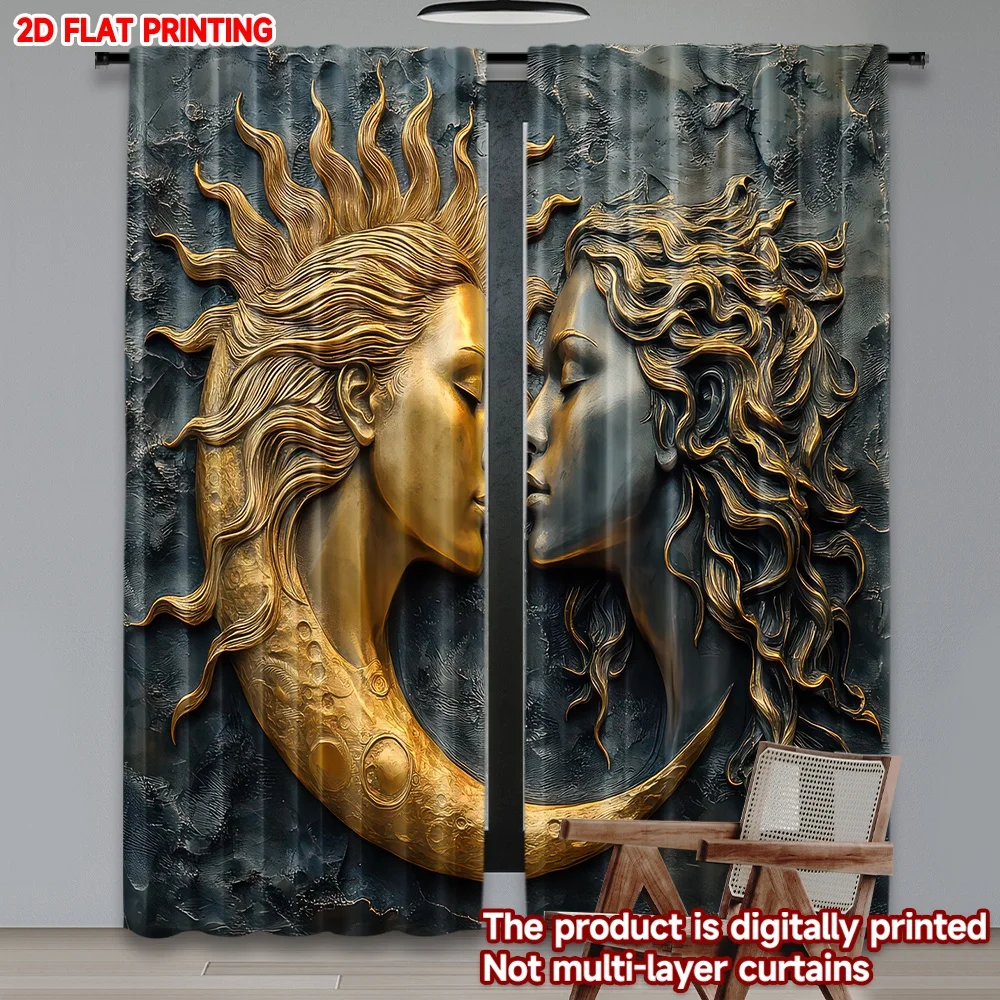 

2D flat printing 2pcs Window Treatment Curtains Sun and Moon Harmony(1) Digital Printed Polyester Drapes Festive Wall Decor