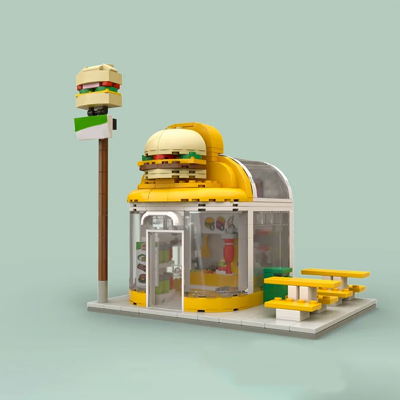 

505PCS MOC Burger Joint A Small Fast Food Store with A Huge and Attractive Signage That Will Elevate Your City's Beauty! Bricks