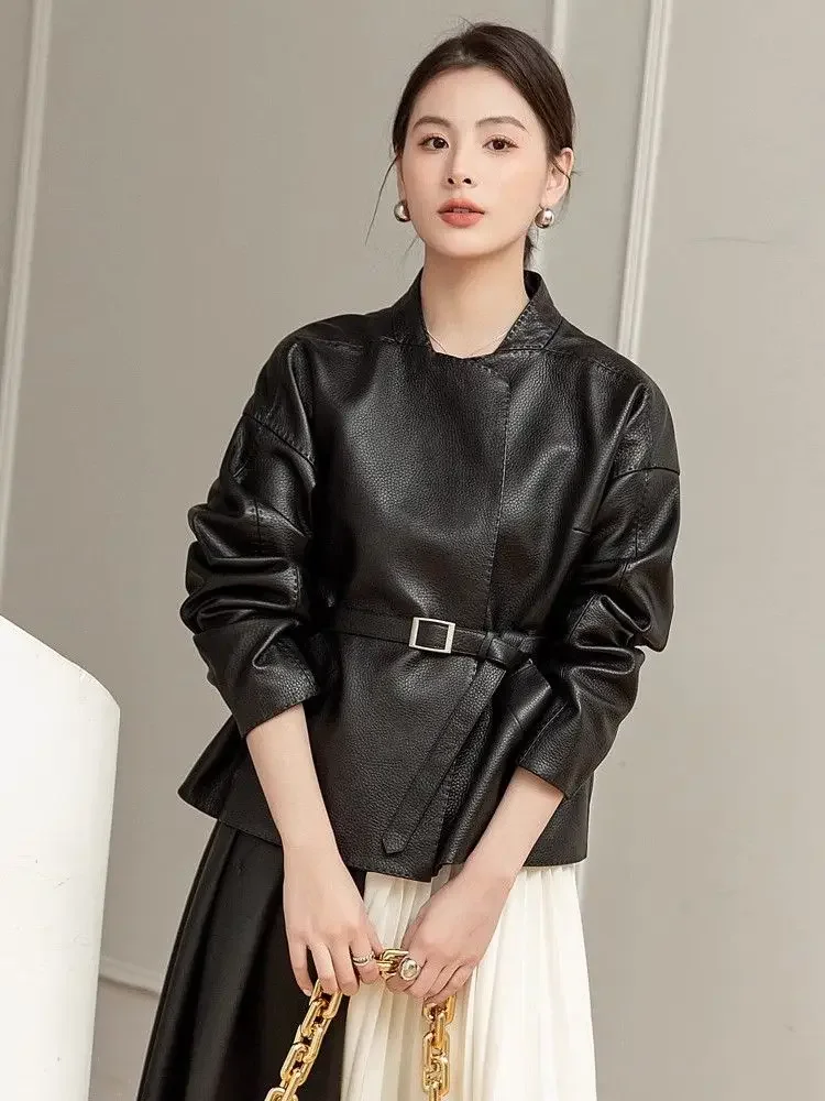 Ladies\' Fashion New Spring Leather Jacket Retro Trendy Style Waist Round Neck Pocket Street Long Sleeve Coat