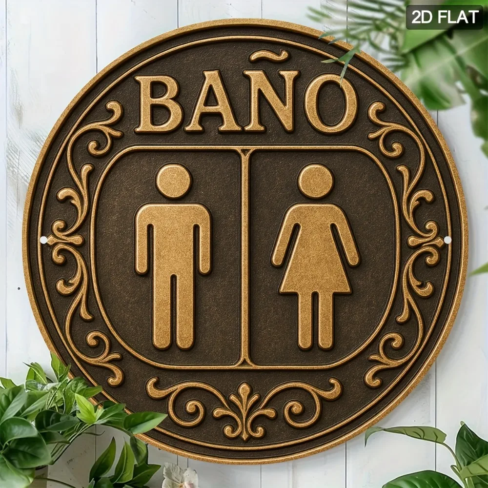 Placa Decorativa de Pared Antipolvo, Diseño Metálico Plano 2D, Símbolos de Baño y Género Españoles para Bodas, Fiestas y Hogar