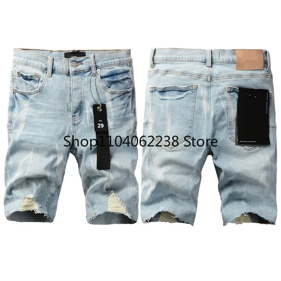 

Top quality Purples Jeans Shorts Men Trendy Elastic Edged Middle brands Irregular light Blue Color Washed Denim pants