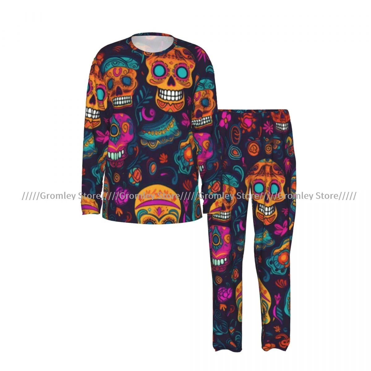 Men's Sleepwear Set Colorful Skulls Day Of The Dead Print Long Sleeve Top and Long Pants Pajamas Male Home Loungewear Nightwear