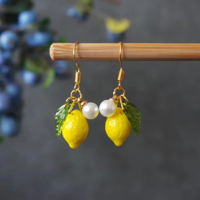Czech glass lemon earrings，Light weight fruit food earrings can love Kawaii earrings Pastoral earrings for her birthday present
