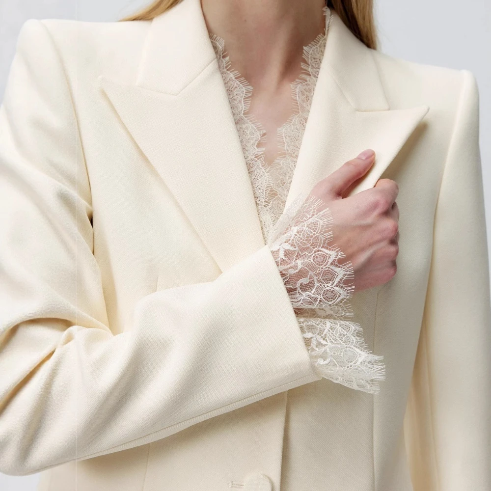 TWOTWINSTYLE Apricot Spliced Lace Two Piece Set Female Lapel Long Sleeve Jacket Office Luxury Women's Trousers Set Fashion New