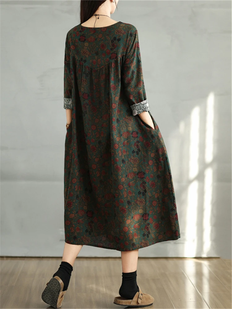 Cotton Vintage Print Floral Dresses 2026 Women Spring Autumn Casual Loose Long Sleeve Dress Femme Robe Vestidos Elegant Clothing