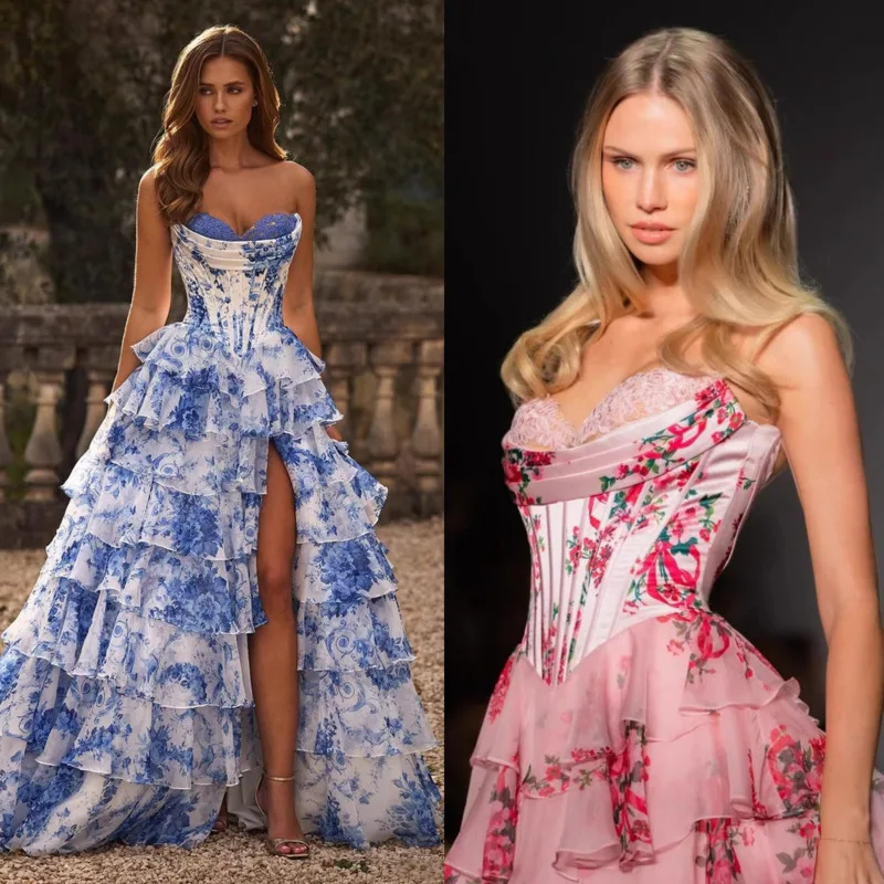

Luxury Floral Print Strapless Ruffled Evening Dress Women Sleeveless Corset High Waist Split Hem Banquet Ball Gown New Clothing
