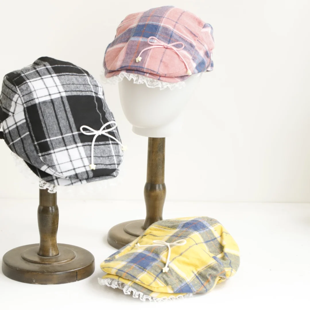 Sweet Bow Lace Design Contrasting Color Plaid Berets Cap Y2K Spring Summer Travel Versatile Retro Literary Forward Hats Women