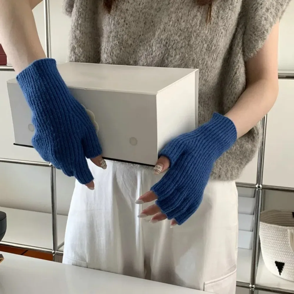 Gift Touch Screen Half Finger Knitted Gloves Keep Warm Solid Color Cycling Gloves Thickened Soft Korean Style Gloves Girls