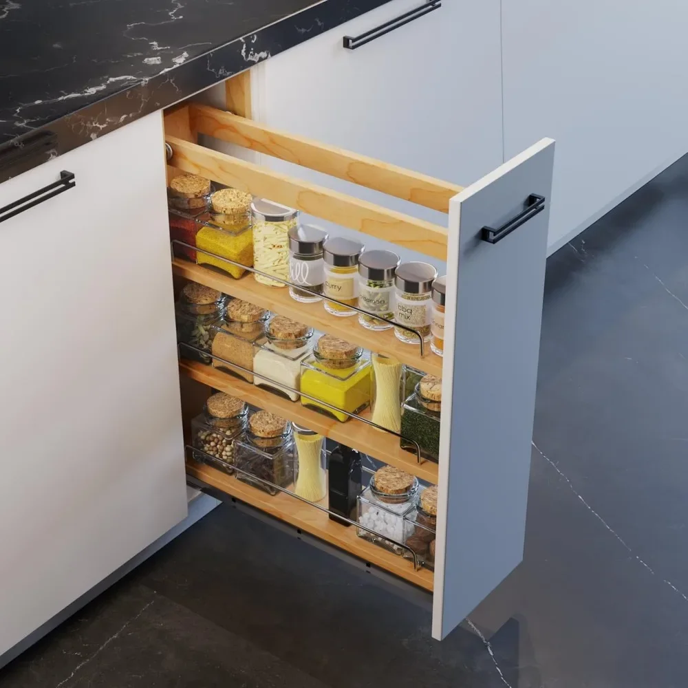 5" Base Pull-out Spice Organizer with Adjustable Shelves for Base Kitchen Cabinet, Bottom Mounted Soft Close Slides