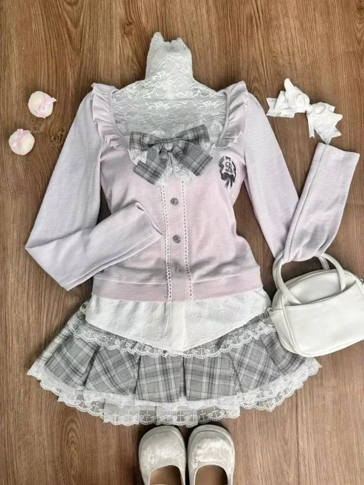 Ropa Kawaii de estilo japonés para mujer, conjunto de faldas de 3 piezas, ceñido al cuerpo, incluso ropa de fiesta, trajes de Lolita de otoño, Tops cortos Y2k 2025