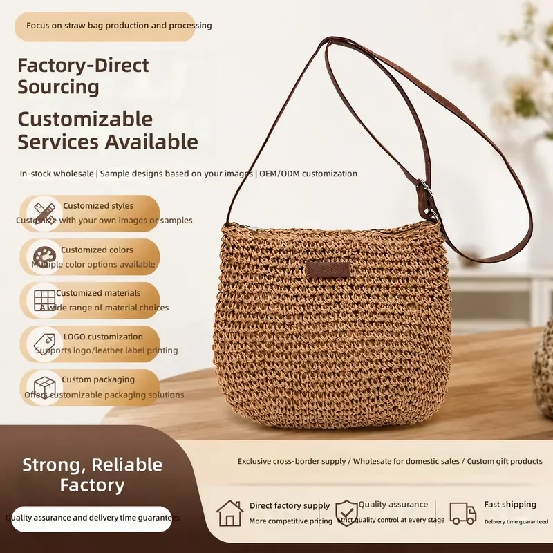 

Women's large-capacity hand-woven paper rope messenger bag with zipper versatile beach vacation bag