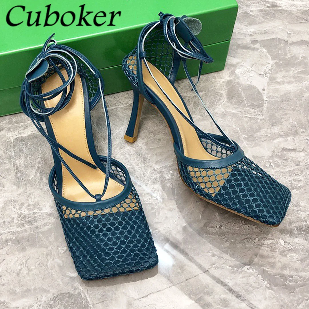 2022 New Brand Runway Women High Heel Net Mesh Crystal Sandals Ankle Strap Pumps Square Toe Summer Party Dress Women Shoes mujer