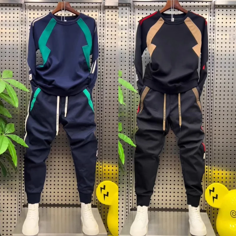 

Осенне-зимний контрастный лоскутный повседневный спортивный костюм, свободная толстовка с длинными рукавами, модные спортивные штаны, комплект из 2 предметов, новинка