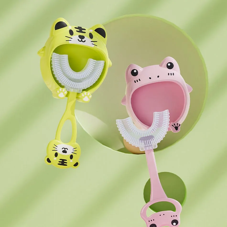 Girl Boy 360 U Shaped Convenient Training Toothbrush Baby Tooth Brush Children Soft Frog Tiger Toothbrush Holder Kids 2-12 Years