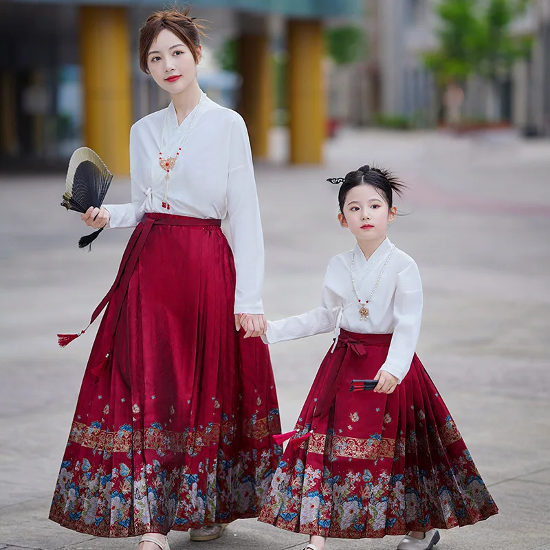 

Women Original Hanfu Skirt Printed Chinese Style Costume Mamianqun Ming Dynasty Weaving Horse Face Dress Modern 2pcs Set