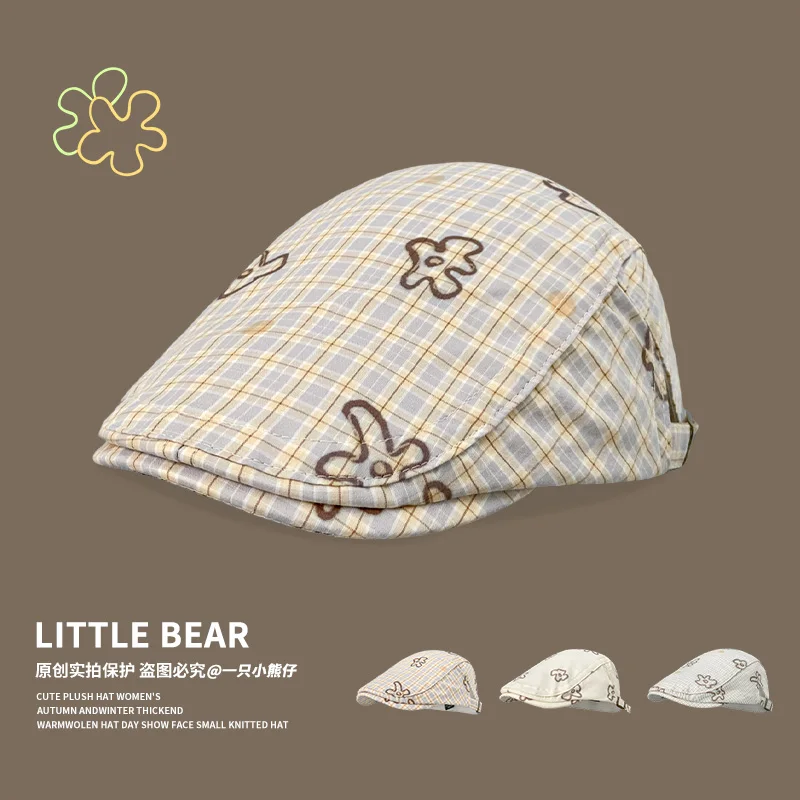 

Japanese Cute Plaid Printing Forward Hat Women's Summer Thin Versatile Short Brim Flat Top Sunshade Casual Painter Cap