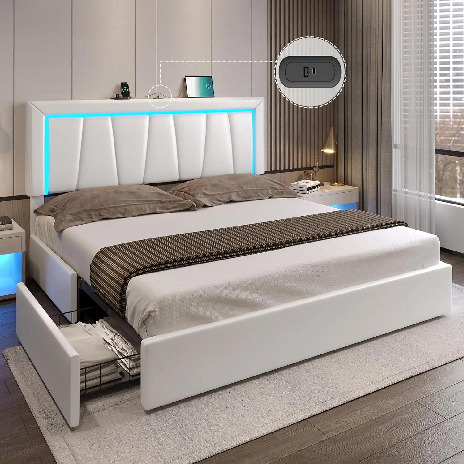 California King Bed Frame with 4 Storage Drawers & LED Lights Cal King LED Platform Storage Bed Frame with USB &, Customized
