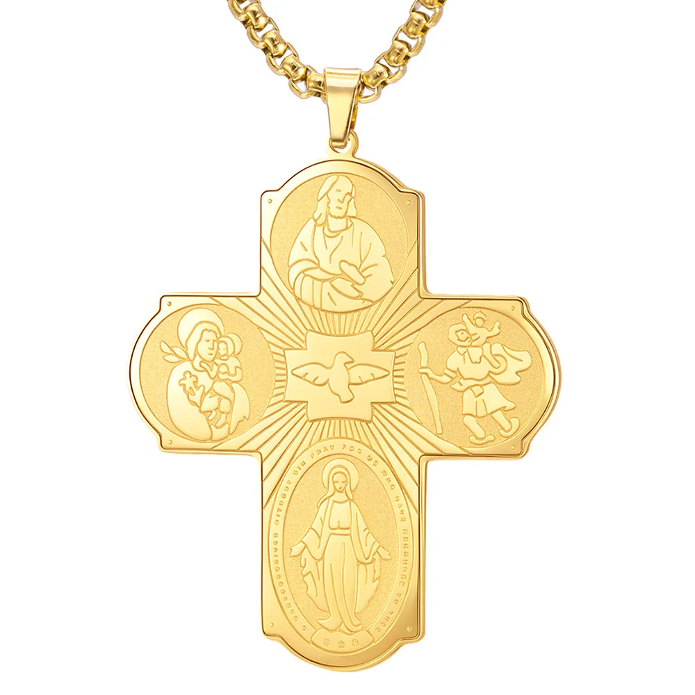 Communion Four Way Cross Men Necklace Holy Saint Protection Amulet Catholic Pendant Stainless Steel Christian Jewelry