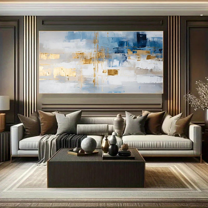100% Handmade Abstract Oil Painting Blue And Orange Blue gold texture Wall Art Picture For Home Living Room Decor Image Gift