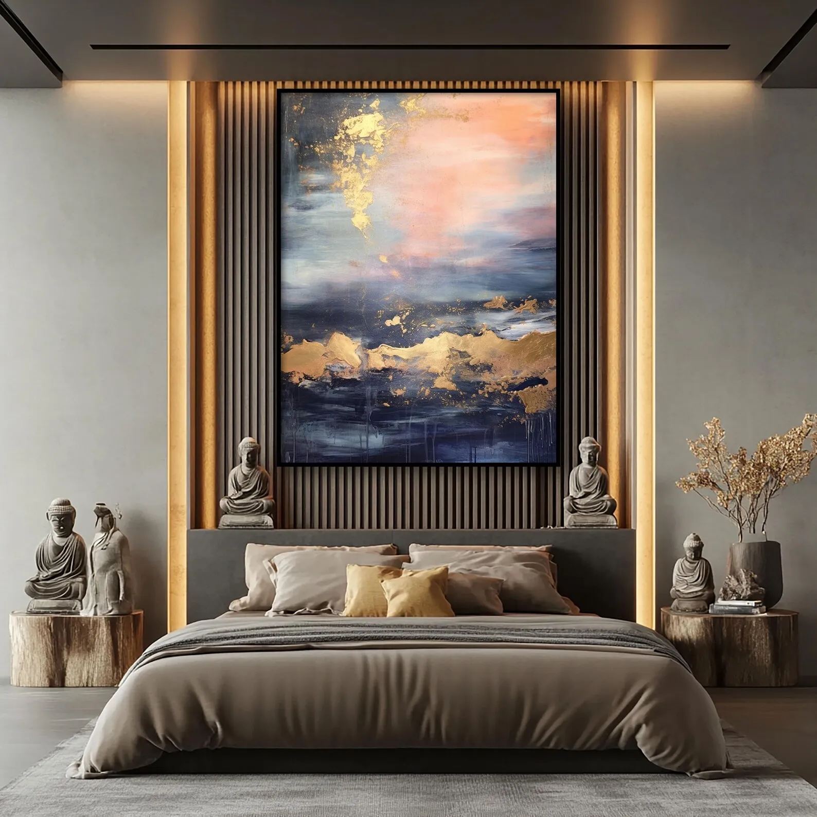 Mhemyo Hand-Painted Abstract Oil Painting Pink Gold and Blue Layered Paint Textured Modern Wall Art For Living Room Home Decor