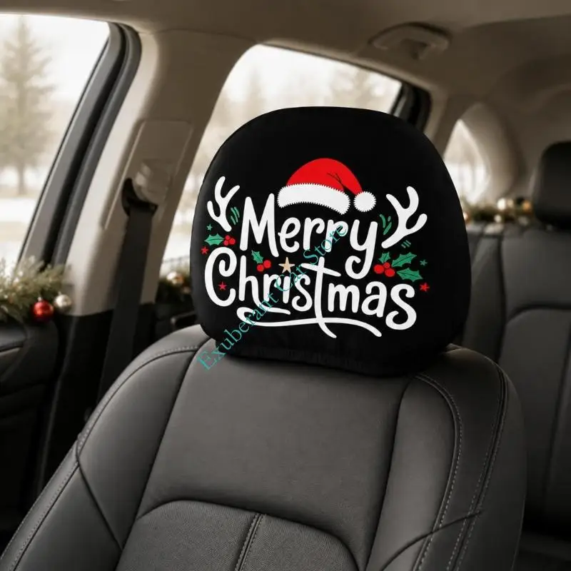 Festive Vehicle Headrest Covers 1Pair Christmas Theme Polyester Slip On Vehicle Interior Head Rest Protector for Winter Driving