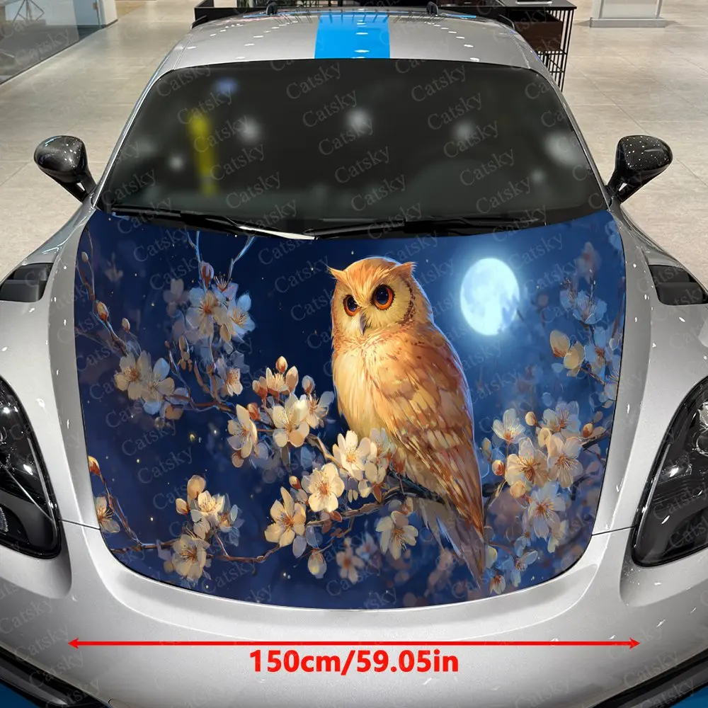 Cherry Branch Spirit Owl Car Vinyl Wrap, PVC Waterproof Car Hood Sticker, Self-Adhesive Scratch-Resistant Stickers