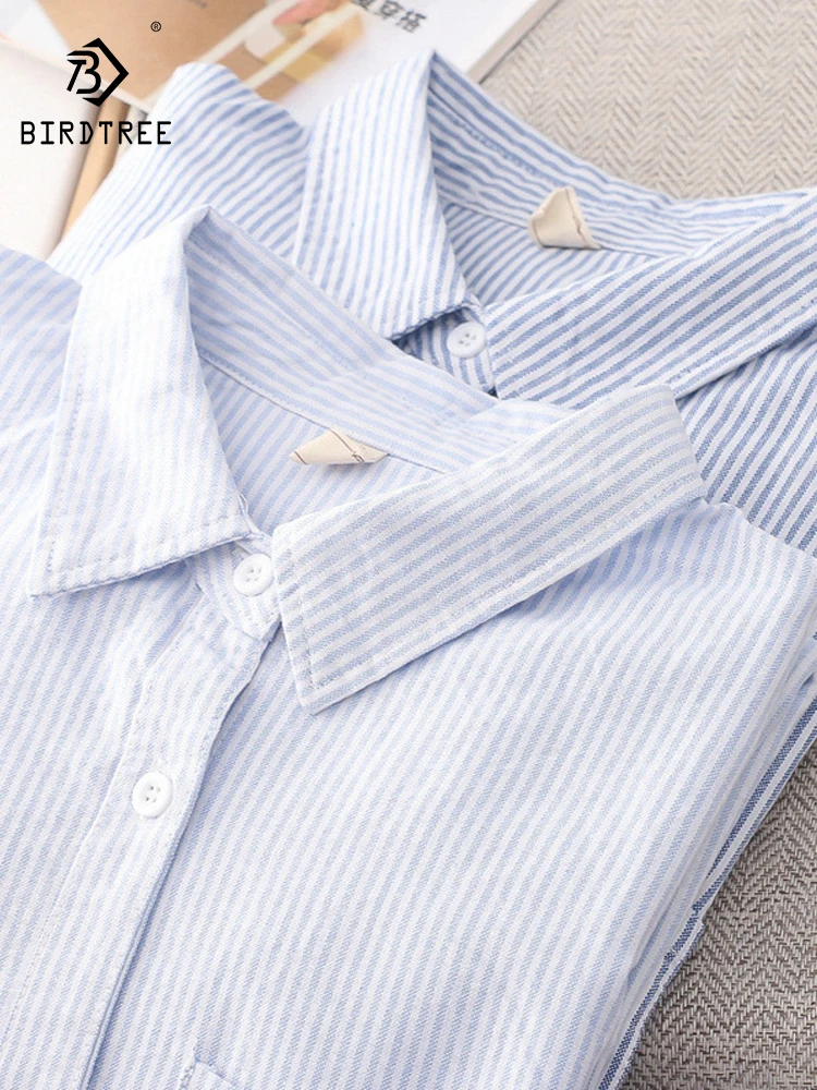 New Autumn Cotton Striped Shirts Women Lapel Collar Top Girl Long Sleeve Loose Commuting Blouses Appear Thin Spring T30603QC