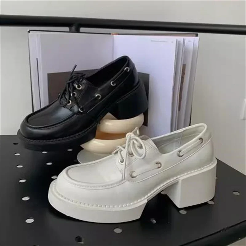 

Crossover Strap Shoes For Ladies Round Toe Womens Churry High Heels Sewing Lines Female Loafers Lace-up Zapatos Shallow Chassure