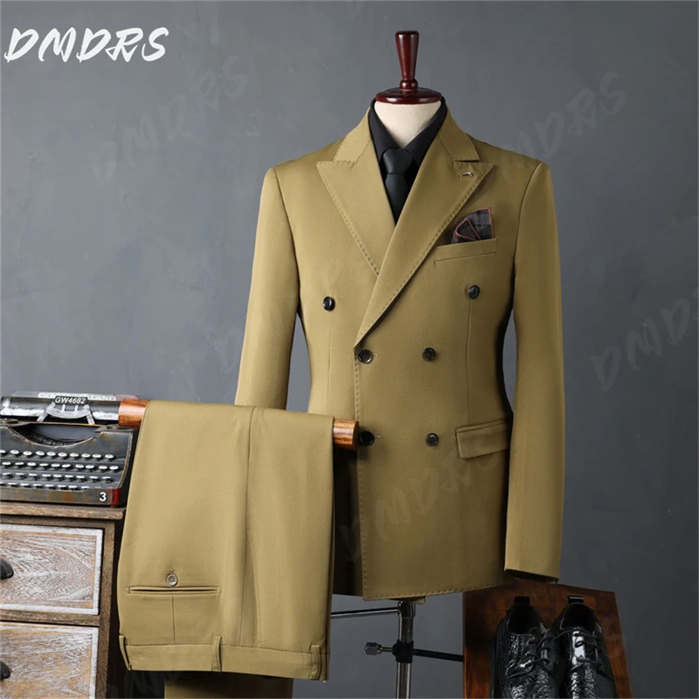 Hot Sale Camel Men's Suit Set For Formal Banquet Event Charming Double Breasted Handsome Wedding Suit Host Party Suit Blazer