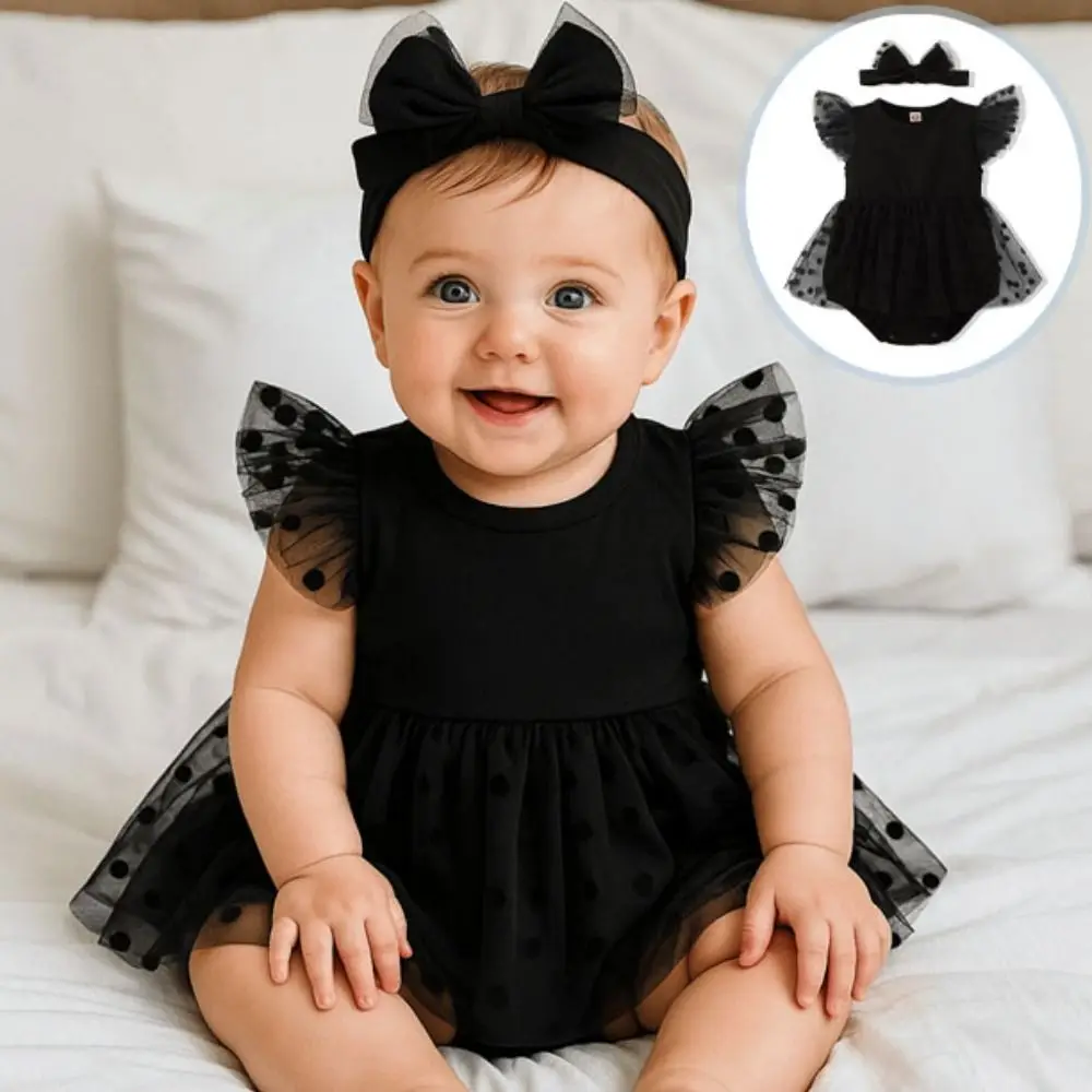Cute Cotton Baby Girl Princess Dress Lace Mesh Bowknot Baby Girl Bodysuit Short Sleeve Sweet Infant Dress with Headband Birthday