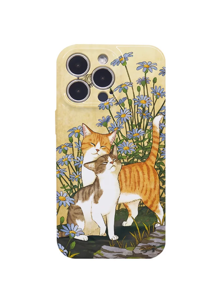 Korean Ins Spring Day Cat Flowers Case for IPhone 16 15 14 13 Pro Max 16 PLUS Back Phone Cover for 12 Mini 11 Pro Max XR XS Capa