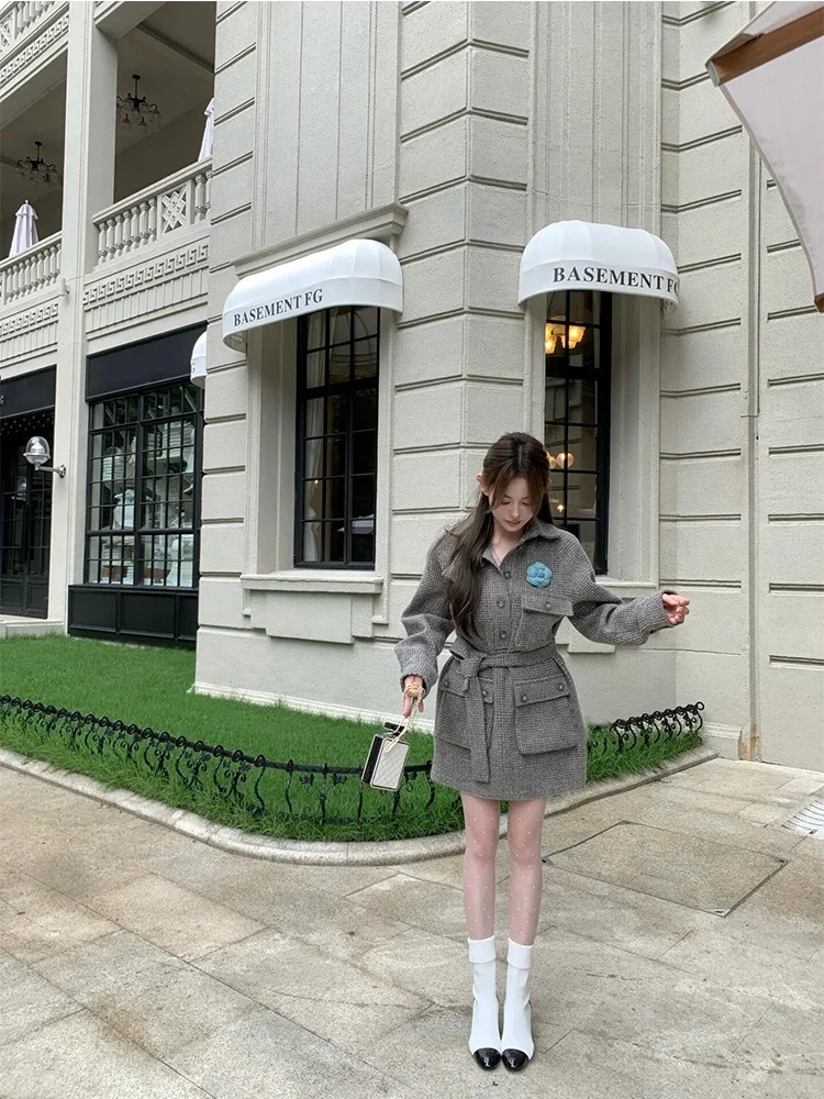 معطف صوفي نسائي صغير Fraance Sle Miu Miу Thiened متوسط الطول بحزام معطف صوفي للتنقل Sle بقصة ضيقة