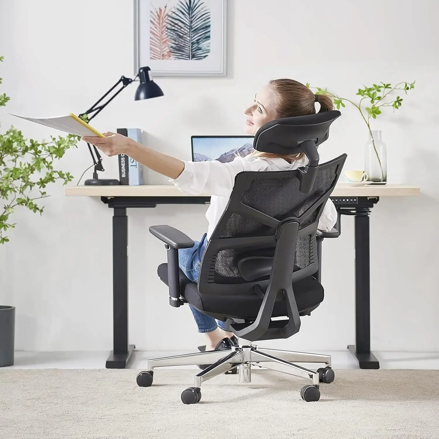 Silla de Oficina Ergonómica con Respaldo Adaptativo, Silla de Escritorio de Respaldo Alto con Reposabrazos 4D, Profundo