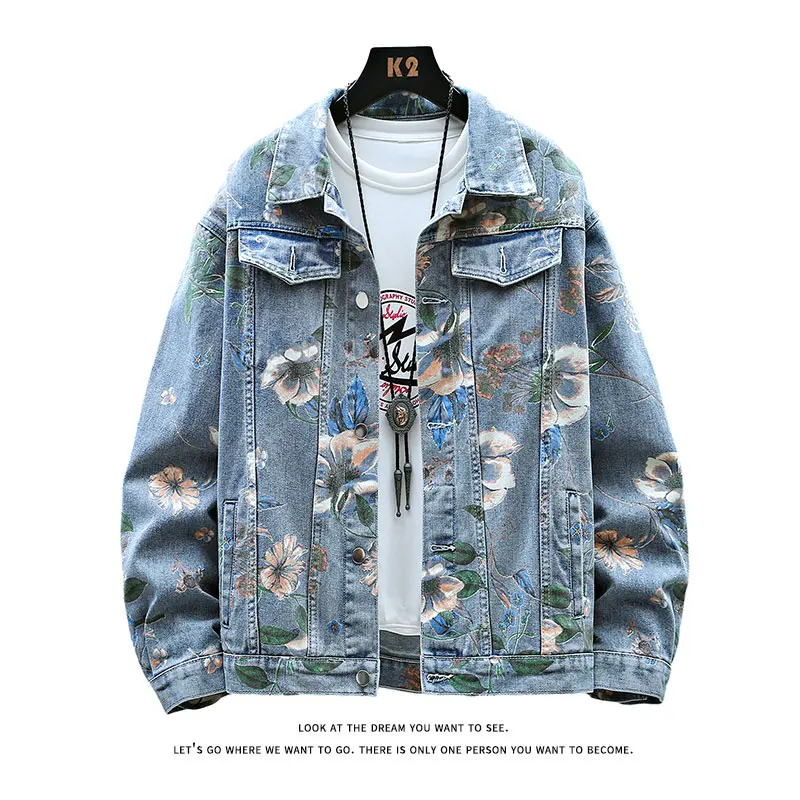 Vintage Floral Print Denim Jacket Men's Distressed Coat Streetwear Loose Fit Long Sleeve Jackets Korean Bomber Jeans Jacket