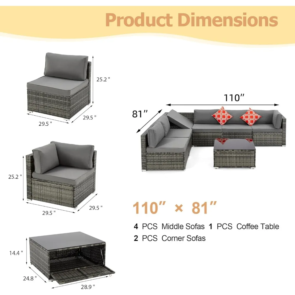 طقم أثاث فناء مكون من 7 قطع من الخيزران الرمادي مع دعامات قابلة للتعديل وأريكة مقطعية وطاولة لمنطقة المحادثة #6