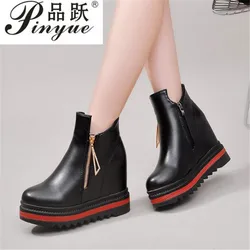 Woman Fashion Ankle Boots Winter New Platform Boots Women's Wedges Shoes 10cm High Leather Women Thick Sole Boots Round Toe