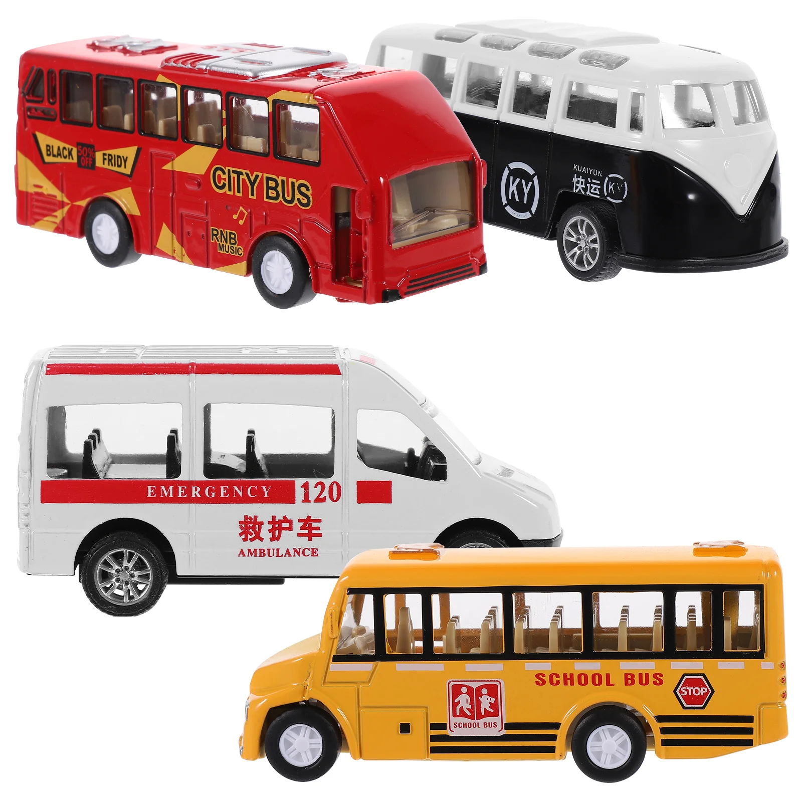 4 Pcs Bus Model for Kids Pull Back Toys Birthday Gift Boys Open The Door Toddler