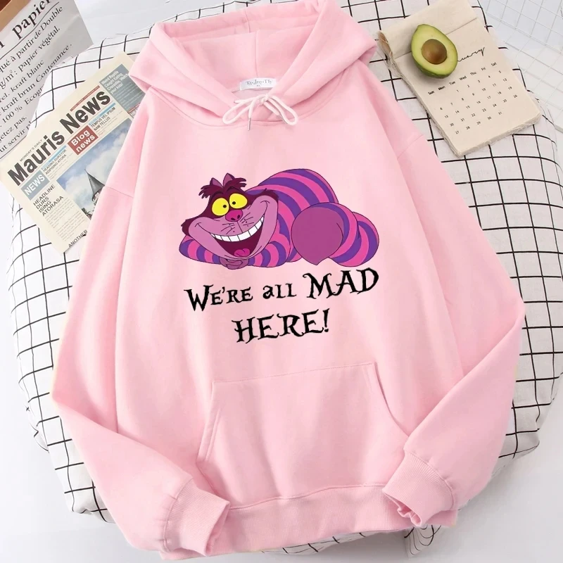 Disney Long Sleeve Hoodie Fashion Alice in Wonderland Cheshire Cat Cartoon Cute Cat Print Hooded Pullover Unisex Womens Sweatshi