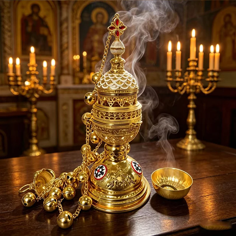 New 2026 Gold Plated Orthodox Church Hanging Incense Burner 32cm with 4 Bells Enamel for Liturgy Home Altar Prayer Devotion Gift