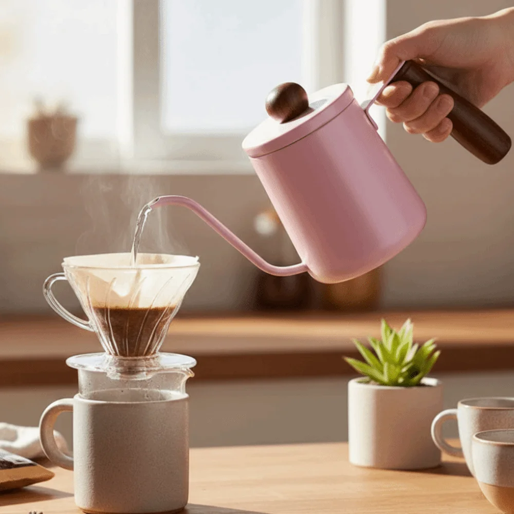 350ML Pour Over Coffee Kettle Stainless Steel Temperature Meter Drip Filter Coffee Maker Anti-scald Wood Handle