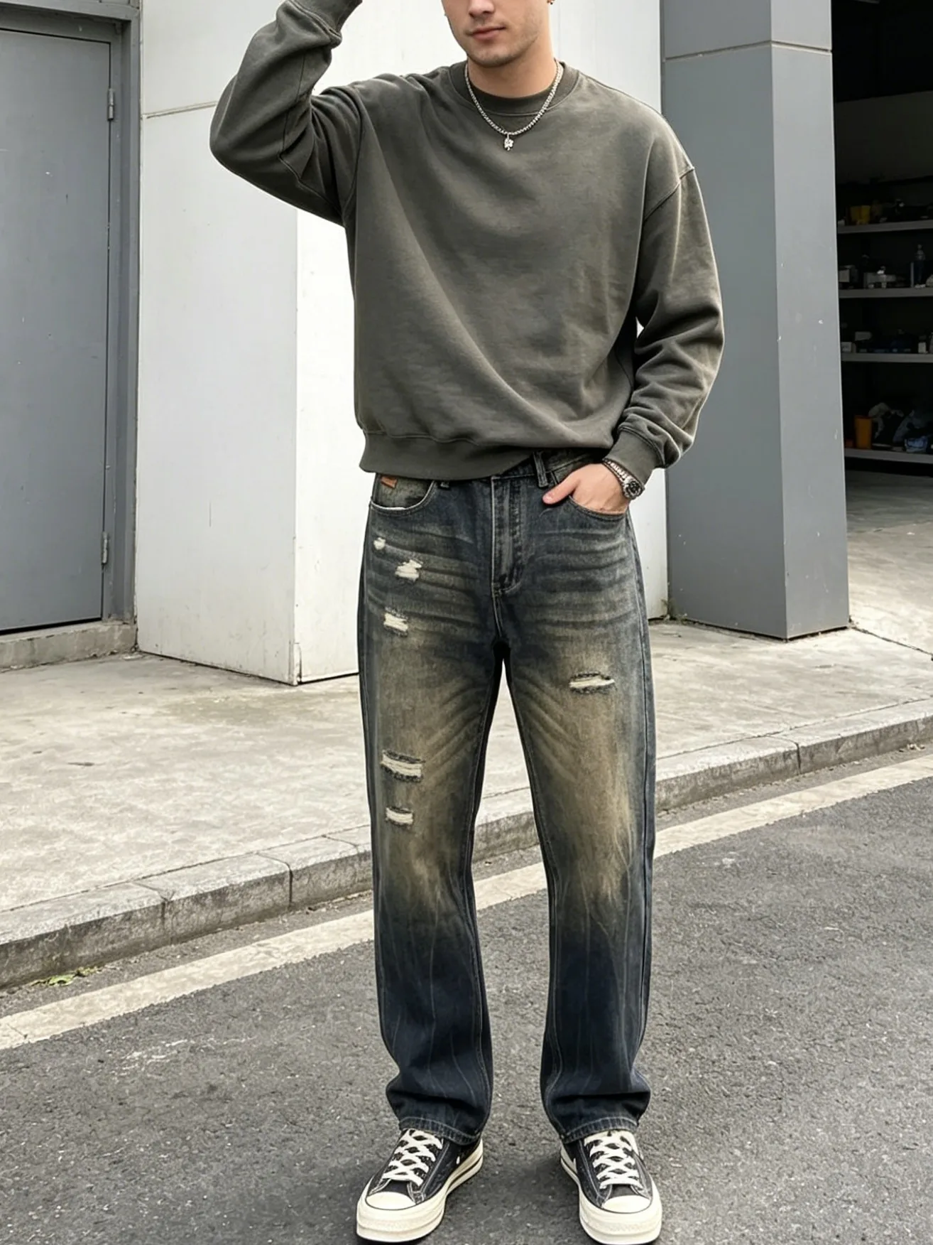 【HME】Men's Jeans | Vintage Washed Denim Pants, Elastic Waistband Straight‑Leg Jeans For Men, Distressed Ripped Design, Loose Fit Denim Trousers For Daily Casual Street Wear, Durable Denim Fabric, Multiple Pockets Male Bottoms