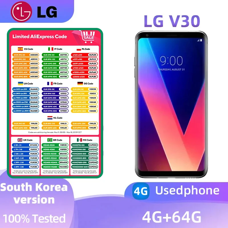 LG V30 4G 스마트폰 CPU, 퀄컴 스냅드래곤 835, 배터리 용량 3300mAh, 16MP 카메라, 정품 중고 휴대폰