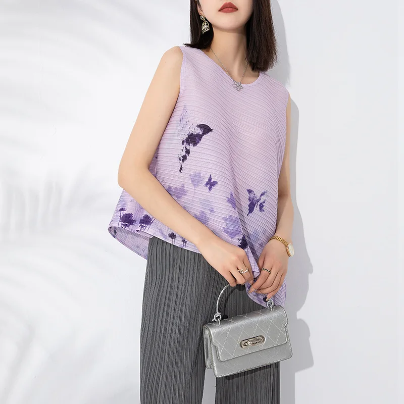 MIYAKE Style High end pleated butterfly print irregular sleeveless top, summer new loose and versatile casual vest [20230227]