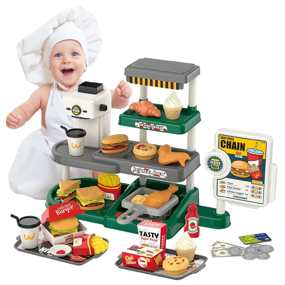 WizKidz Conjunto de comida para crianças com hambúrgueres, batatas fritas, asas de frango, caixa registradora e dispensador de água para diversão sem fim, meninos e meninas