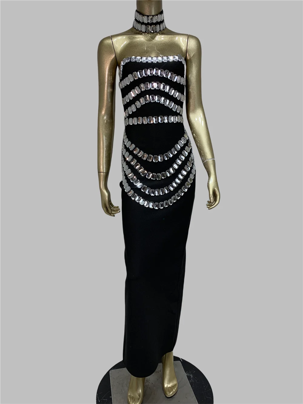 Women Luxury Rhinestones Bandage Dress Black Strapless Bodycon With Choker Ankle Lengh Celebrity Evening Birthday Party Gowns