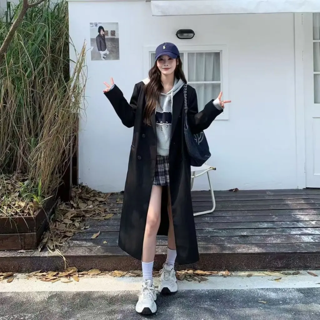 

High-Grade Black Coat for Women Spring Autumn Long Hepburn Style Loose Small College Fashion Mid-Length Windbreaker